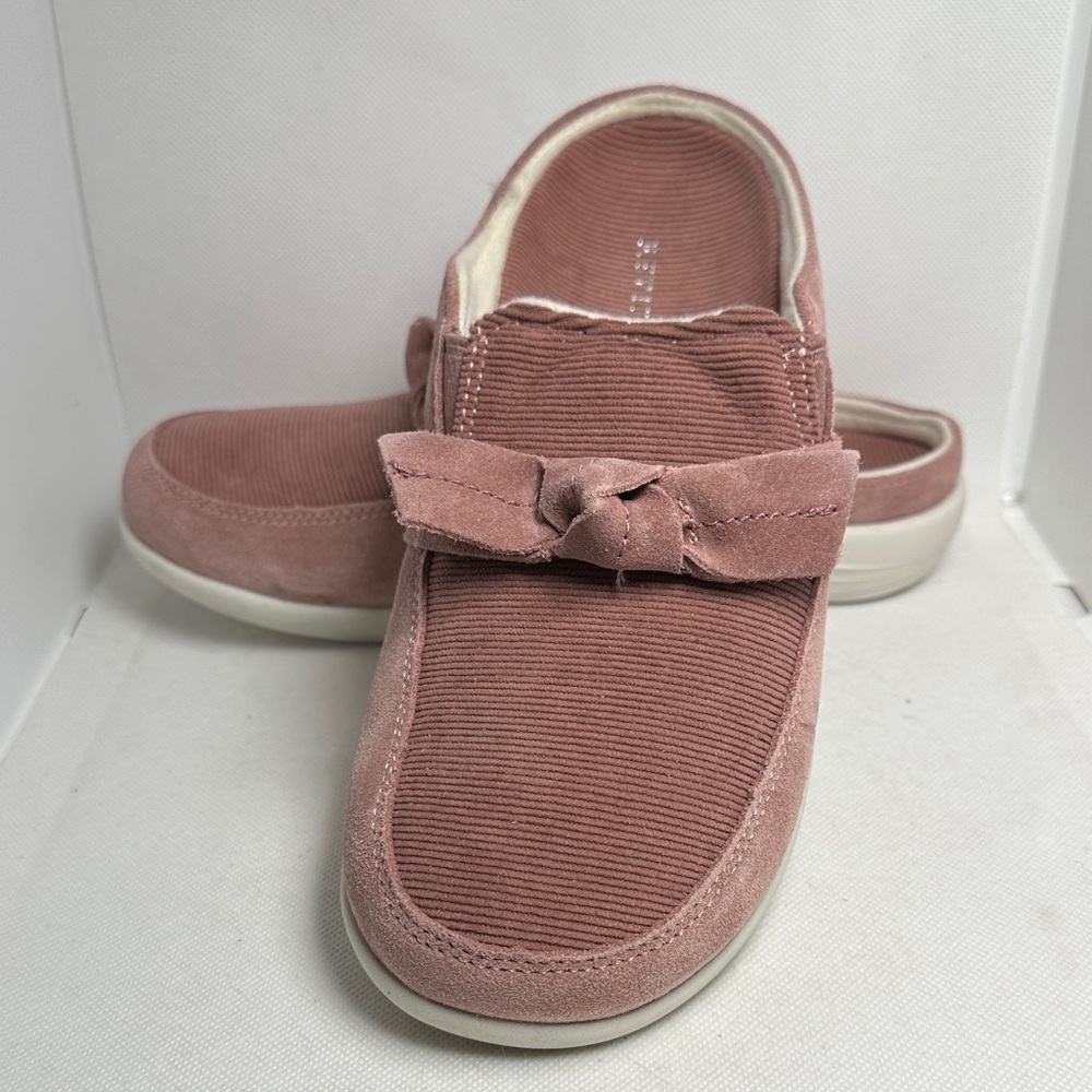 Revitalign Siesta Crew Pink Mules Corduroy Suede Upper with Square Knot Size 7.5